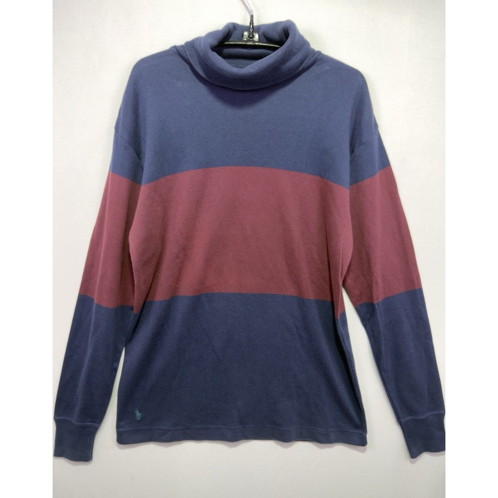 VTG Ralph Lauren Turtleneck Shirt S Navy Burgundy Color Block Pony Logo